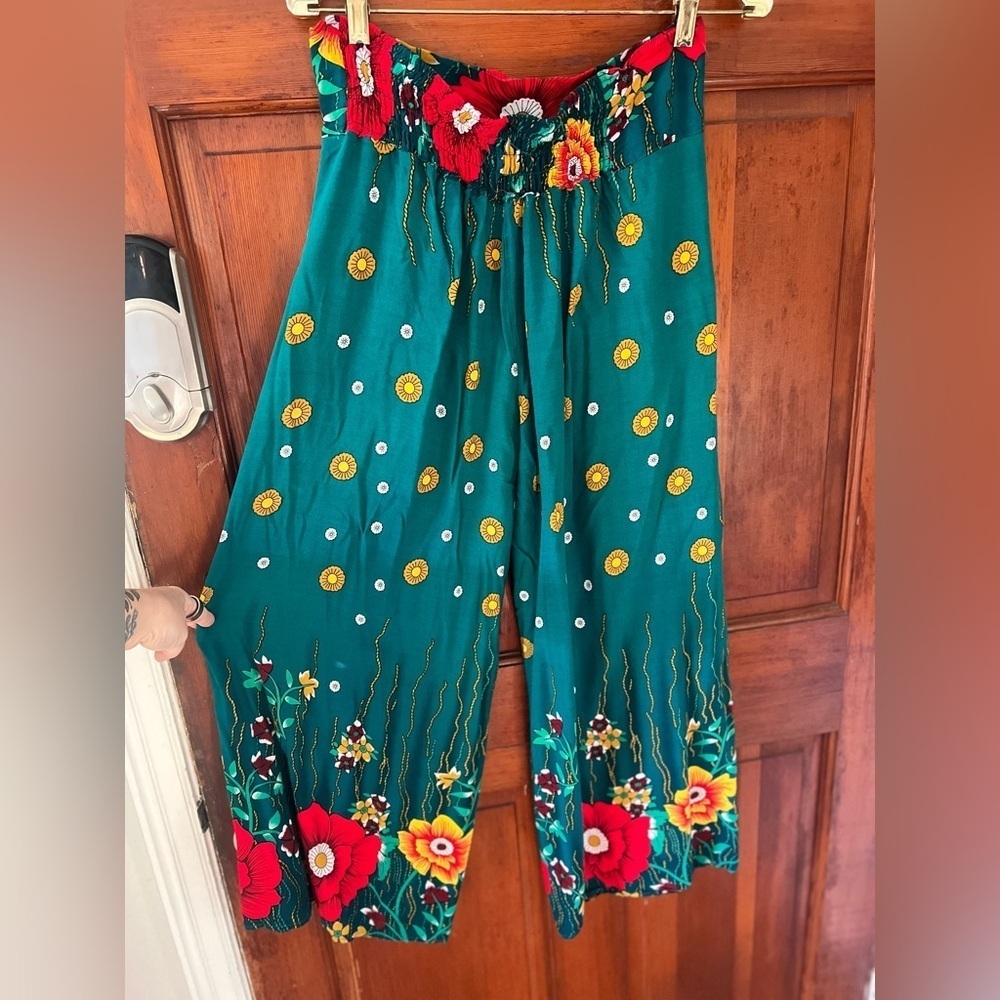 Boho Floral Wide Leg Pants Green | Elastic Waist Palazzo Beach Festival Size M - Picture 8 of 10